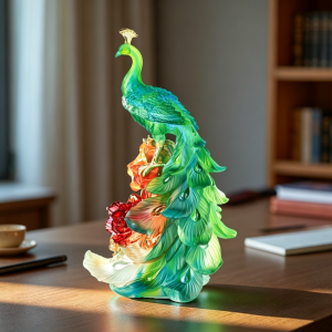“Wealth  1 and Good Fortune” Peacock Decorative Piece in Ancient Glazed Glass